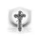 simple cross with the Bible verse job 42:5 tattoo design idea