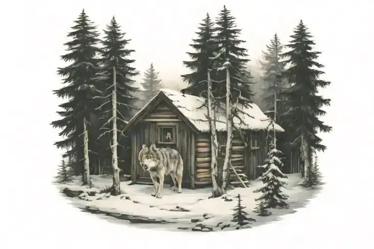 forest scene with wolf and cabin covered in snow tattoo design idea