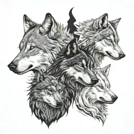 calm wolf profile on right with crow profile in middle and snarling wolf profile on left tattoo design idea