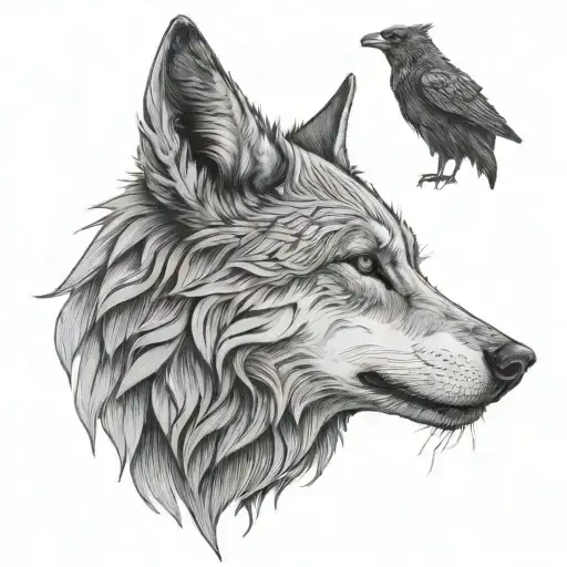 calm wolf profile with raven and snarling wolf profile  tattoo design idea