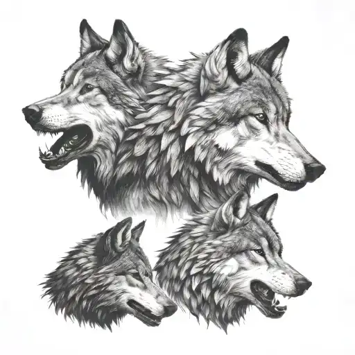 calm wolf profile on right with crow profile in middle and snarling wolf profile on left tattoo design idea