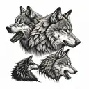 calm wolf profile on right with raven profile in middle and snarling wolf profile on left tattoo design idea