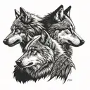 calm wolf profile on right with raven profile in middle and snarling wolf profile on left tattoo design idea
