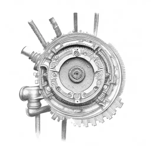 An intricate black and grey dirt bike engine with gears and pistons tattoo design idea