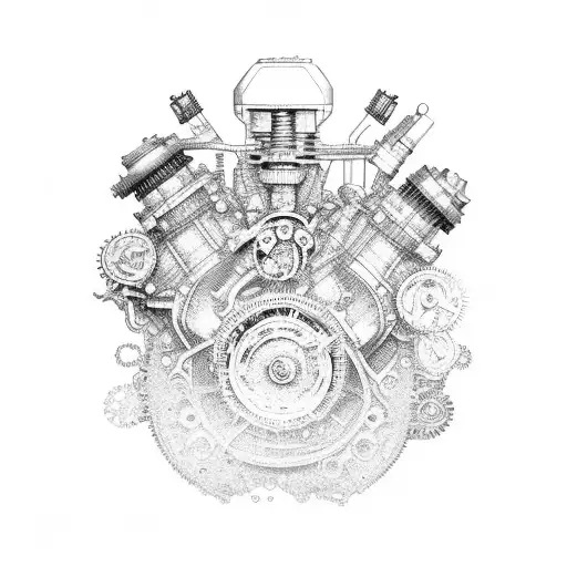 An intricate black and grey dirt bike engine with gears and pistons tattoo design idea