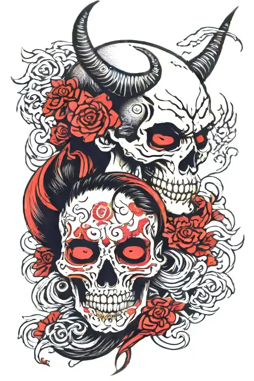 japanese, woman, demon, skull tattoo design idea