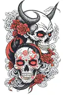japanese, woman, demon, skull tattoo design idea