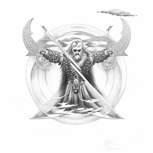 odin with ships behind in a storm tattoo design idea