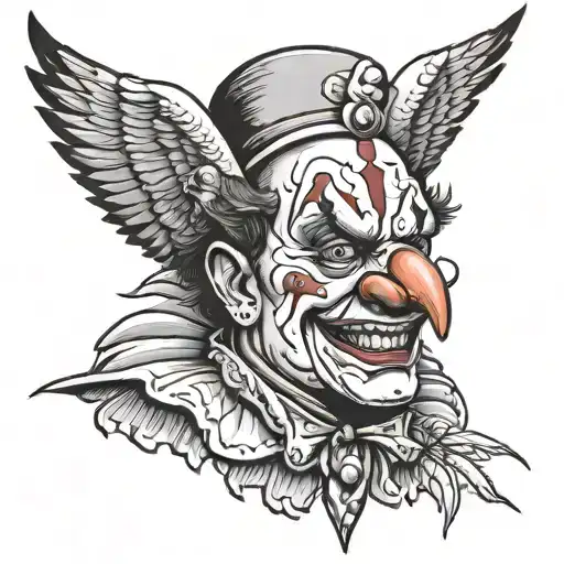 clown face with parrot flying away tattoo design idea