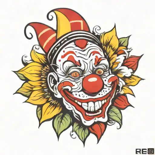 clown face with sunflower around   tattoo design idea