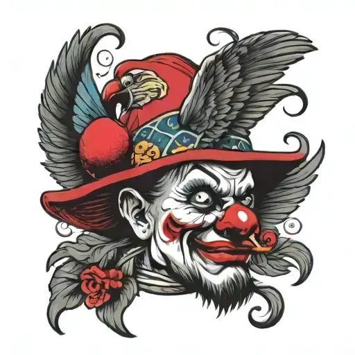 clown face with parrot flying away tattoo design idea
