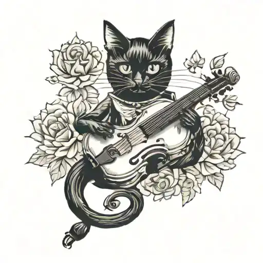a black cat and a violin  tattoo design idea