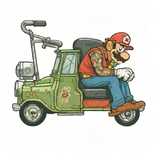 mario bross sitting on an armchair, on top of a British Leyland Mini 1000  tattoo design idea