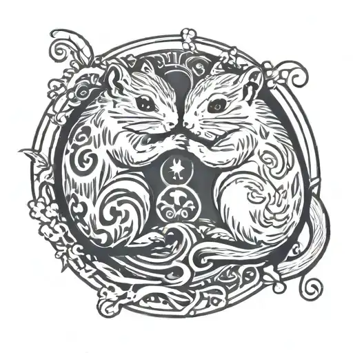 Two gerbils, one black and one white, hugging each other in a ying and yang symbol, placed in a circle. tattoo design idea