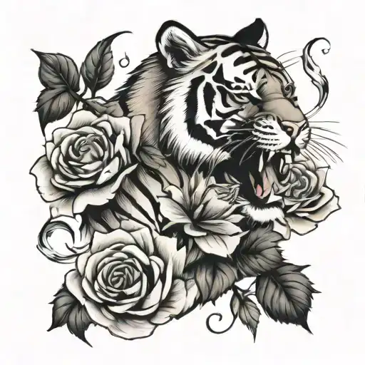 angry tiger and roses black and white light weight  design tattoo design idea