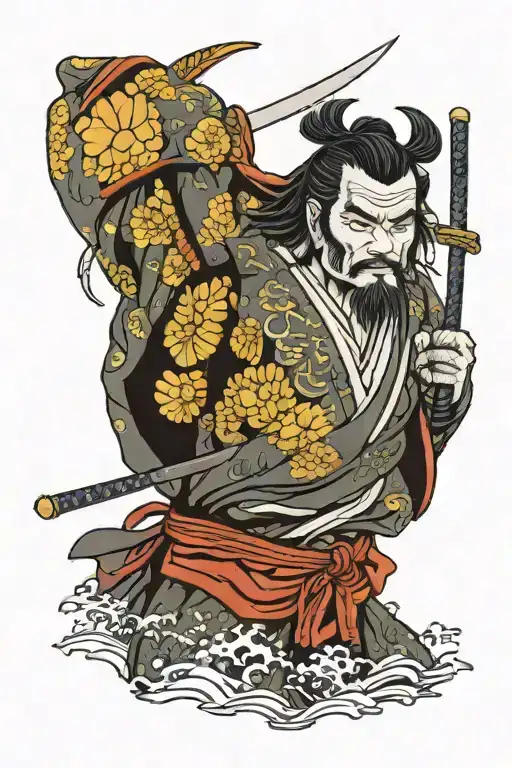 Samurai with no armor holding cut off head  tattoo design idea