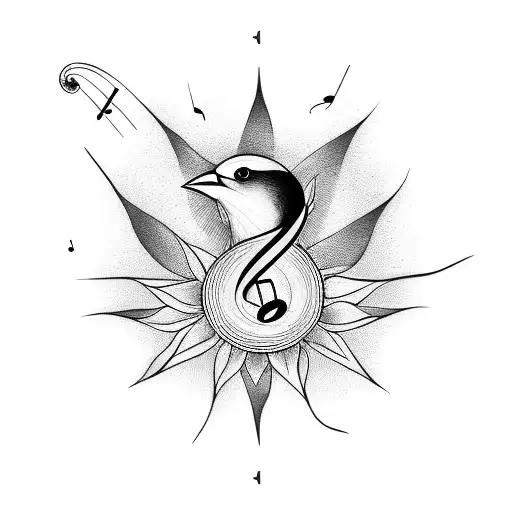 a bird, music notes and a sun flower tattoo design idea