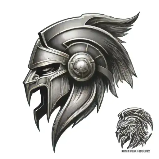 Spartan helmet fade into lion head tattoo design idea