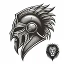 Spartan helmet fade into lion head tattoo design idea