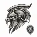 Spartan helmet fade into lion head tattoo design idea