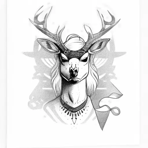 female viking with raven on shoulder, blindfold, deer skull tattoo design idea