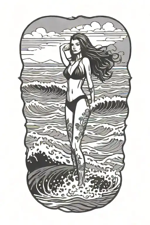 Tattoo stencil of woman wearing only a small thong bikini bottom, shoulder length hair, standing in ocean tattoo design idea