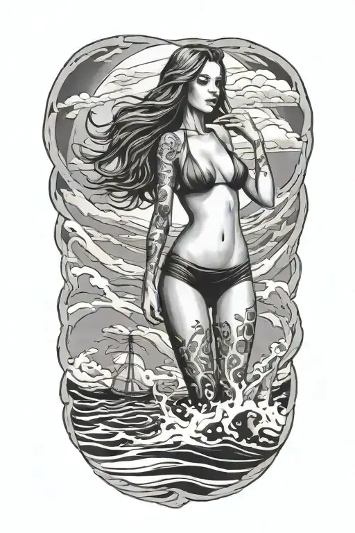 Tattoo stencil of woman wearing only a small thong bikini bottom, shoulder length hair, standing in ocean tattoo design idea