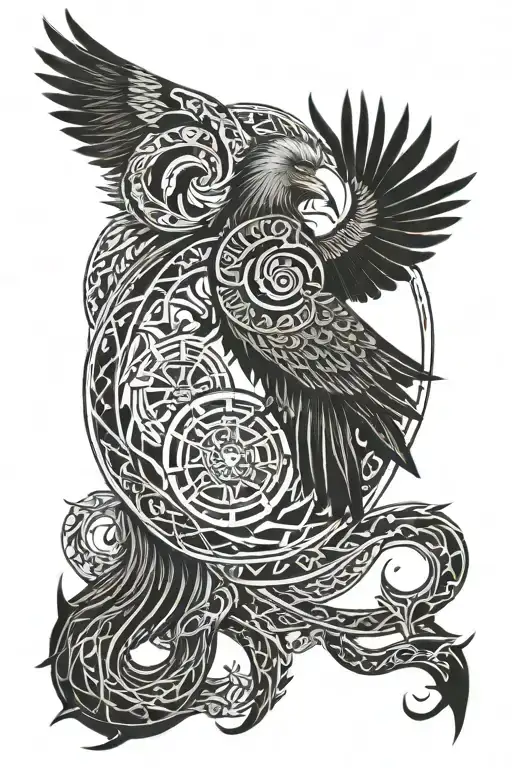 full sleeve Viking mandala design incorporating "the world serpent", a crow and binding viking runes tattoo design idea