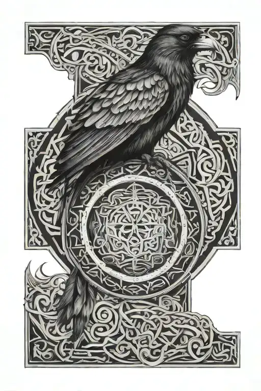 full sleeve Viking mandala design incorporating "the world serpent", a crow and binding viking runes tattoo design idea