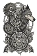 full sleeve Viking mandala design incorporating "the world serpent" a wolf, a crow and binding viking runes tattoo design idea