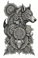 full sleeve Viking mandala design incorporating "the world serpent" a wolf, a crow and binding viking runes tattoo design idea