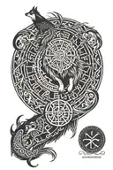 full sleeve Viking mandala design incorporating "the world serpent" a wolf, a crow and binding viking runes tattoo design idea