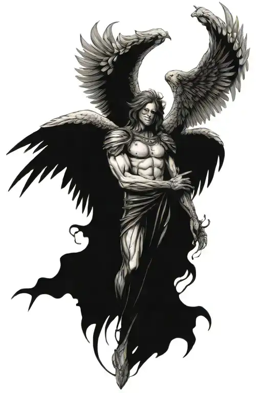 archangel Michael with massive wings and skulls surrounding him tattoo design idea