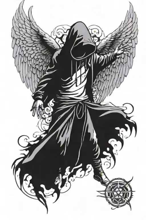 ad angel with a hood on with massive wings spread and his hands spread tattoo design idea