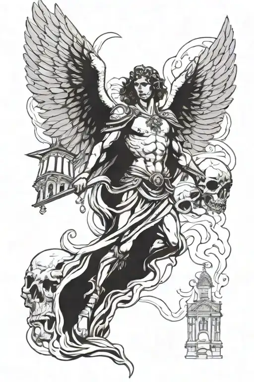archangel Michael with big wings standing above a tall church with skulls surrounded  tattoo design idea