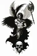 archangel Michael with massive wings and skulls surrounding him tattoo design idea