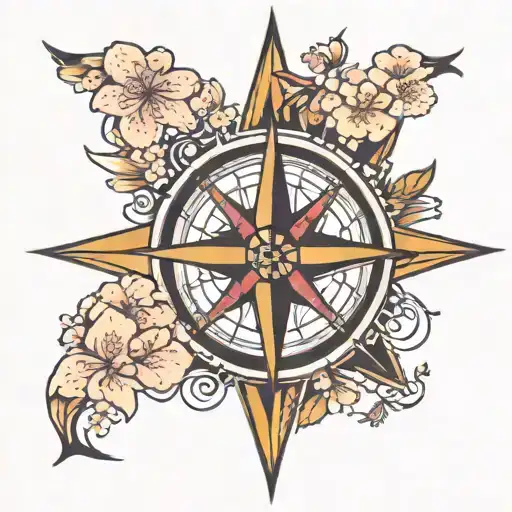 compass rose with cherry blossom tattoo design idea