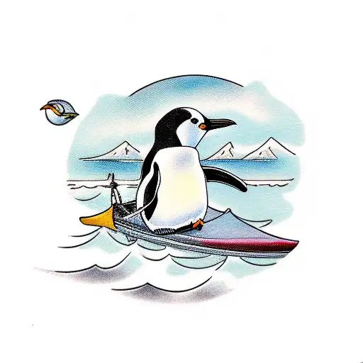 Penguin riding in a kayak  tattoo design idea