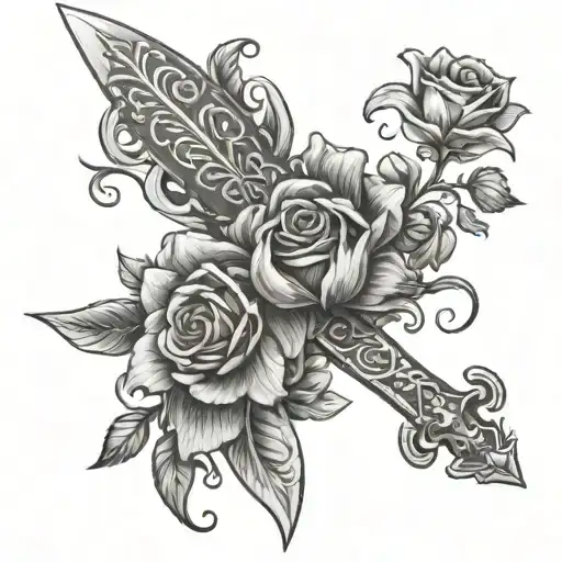 lola flowers wrapped around a sword engraved with 21.07.24 tattoo design idea