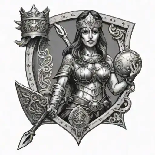 A warrior princess with a lola crown, holding a snus tin shield  tattoo design idea