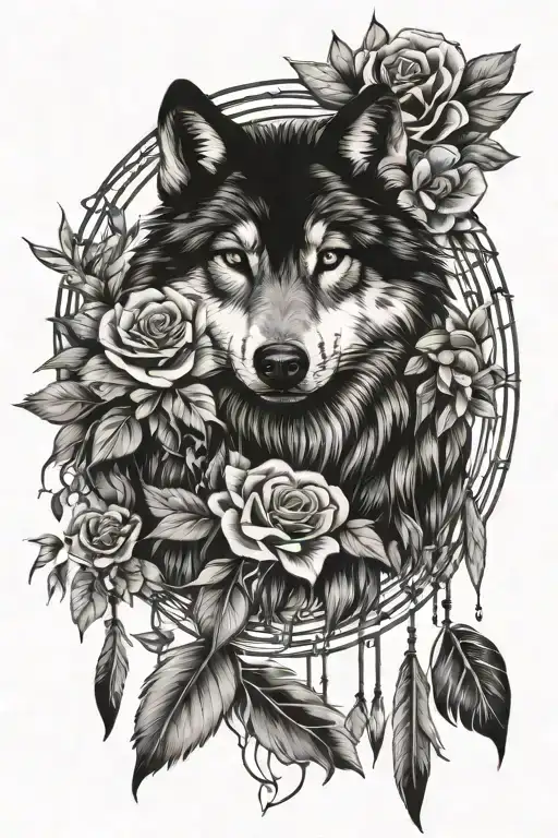 wolf flowers dreamcatcher roses mayflowers hibiscus tattoo design idea