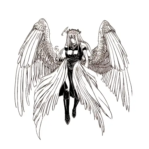 snake, lucifer, greek god with wings, and passionate eyes tattoo design idea