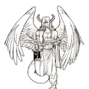 snake, lucifer, greek god with wings, and passionate eyes tattoo design idea