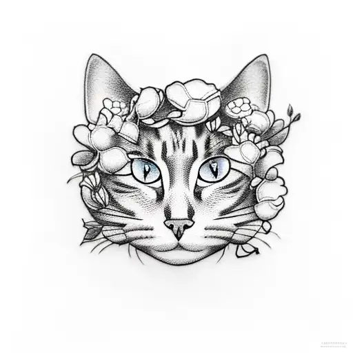 A blackwork tattoo of a cat curled up among a bed of flowers tattoo design idea