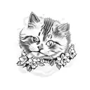 A blackwork tattoo of a cat curled up among a bed of flowers tattoo design idea