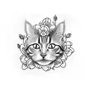 A blackwork tattoo of a cat curled up among a bed of flowers tattoo design idea