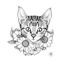 A blackwork tattoo of a cat curled up among a bed of flowers tattoo design idea