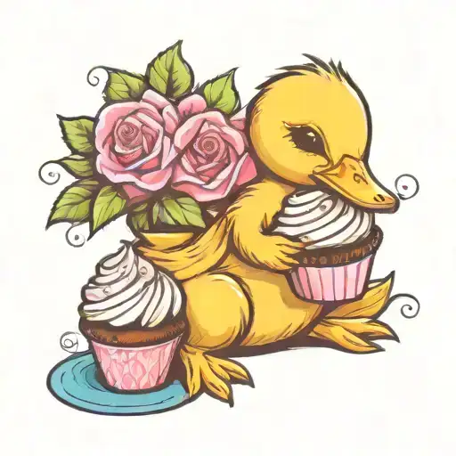 a baby duckling holding a cupcake tattoo design idea