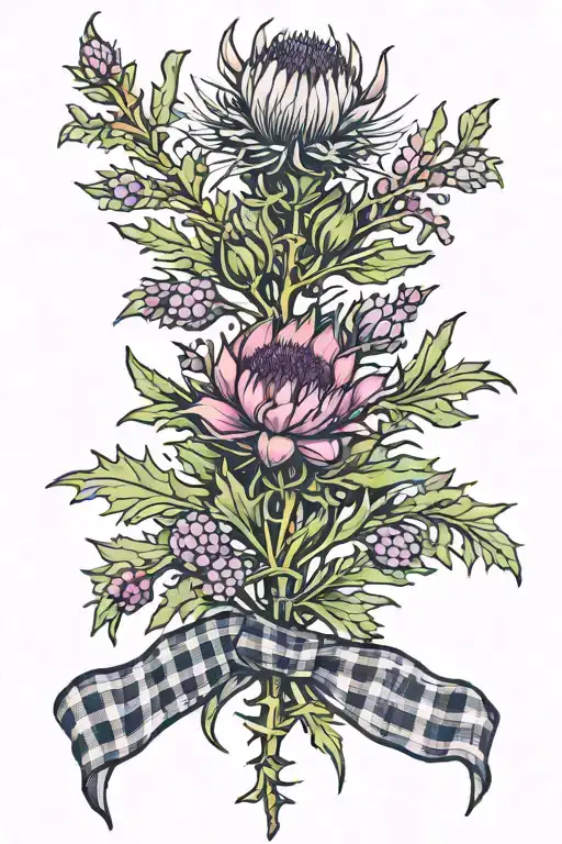 thistle and Heather with tartan ribbon wrapped tattoo design idea