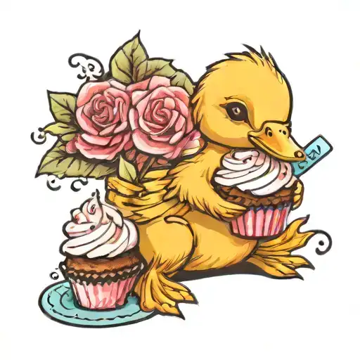 a baby duckling holding a cupcake tattoo design idea